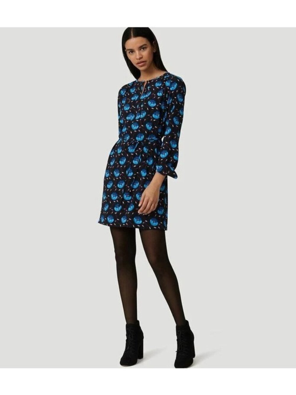 Ann Taylor Loft Shirt Dress Size Small Blue Floral Print Long Sleeve Tie-Waist